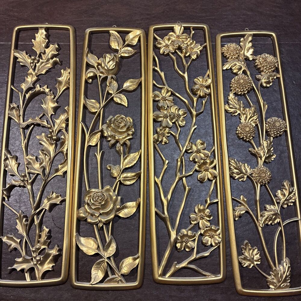 SET 4 Dart Industries Gold Four Seasons / Blooms / MCM Wall Art Vintage Syroco